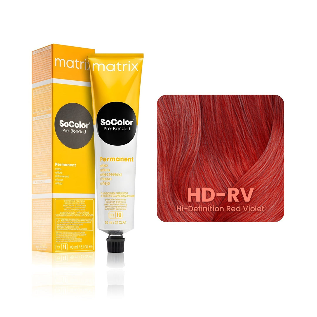 Matrix SoColor Pre-Bonded HD-RV (Hi-Definition Red Violet) permanent hair color tube, box and hair swatch