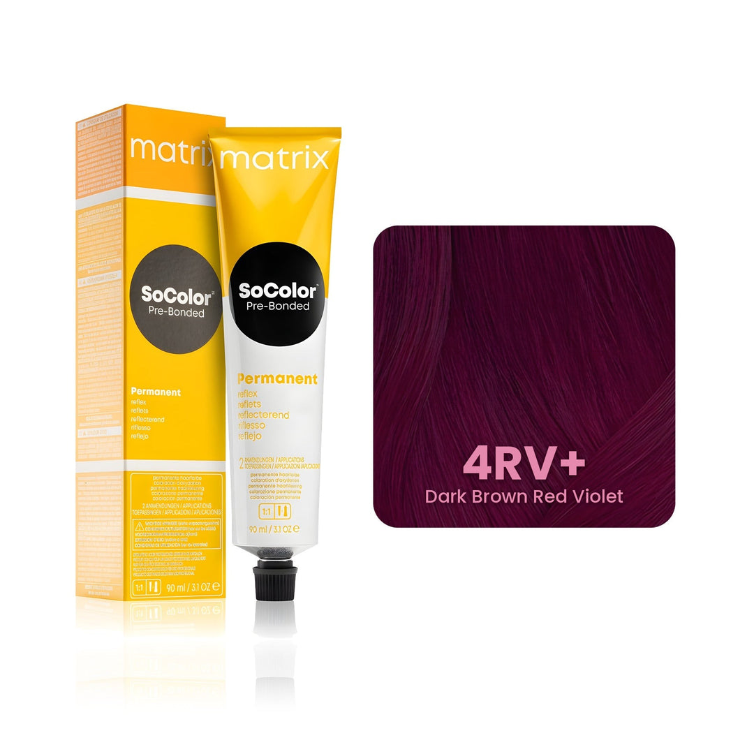 Matrix SoColor Pre-Bonded 4RV+ (Dark Brown Red Violet) permanent hair color tube, box and hair swatch