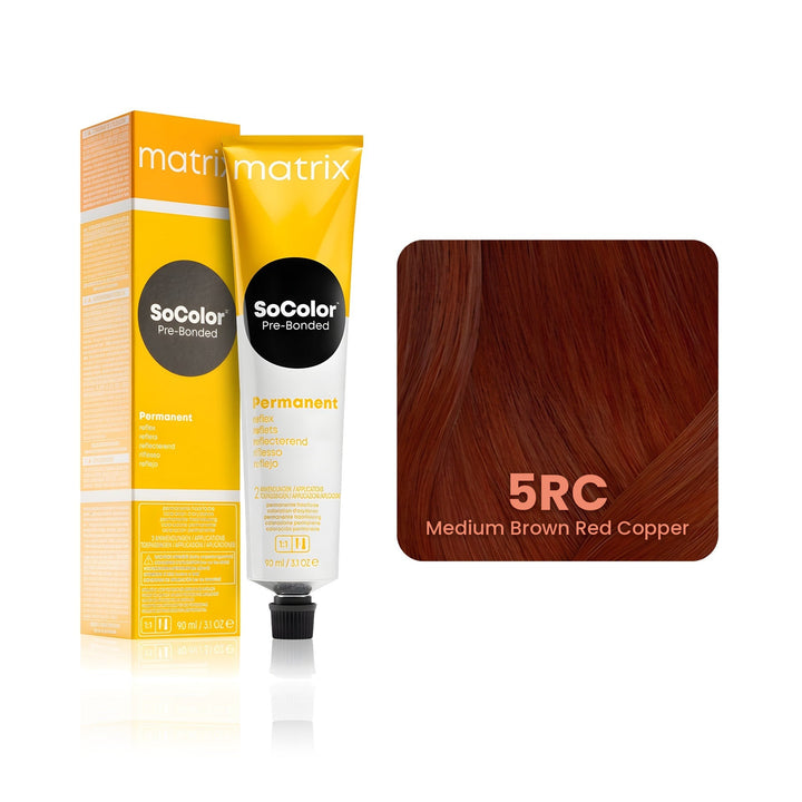 Matrix SoColor Pre-Bonded 5RC (Medium Brown Red Copper) permanent hair color tube, box and hair swatch