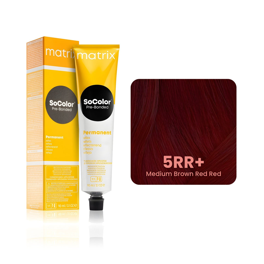 Matrix SoColor Pre-Bonded 5RR+ (Medium Brown Red Red) permanent hair color tube, box and hair swatch
