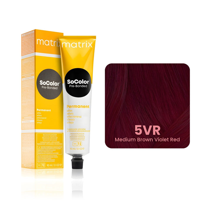 Matrix SoColor Pre-Bonded 5VR (Medium Brown Violet Red) permanent hair color tube, box and hair swatch