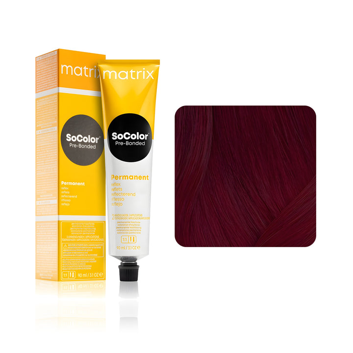 Matrix SoColor Pre-Bonded Reflect 5VR (Medium Brown Violet Red) permanent hair color tube, box and hair swatch