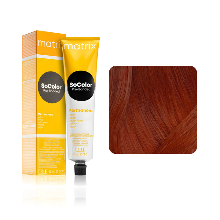 Matrix SoColor Pre-Bonded Reflect 6RC (Light Brown Red Copper) permanent hair color tube, box and hair swatch