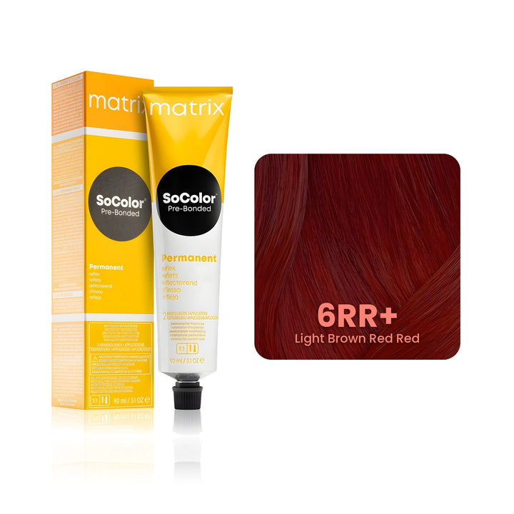 Matrix SoColor Pre-Bonded 6RR+ (Light Brown Red Red) permanent hair color tube, box and hair swatch