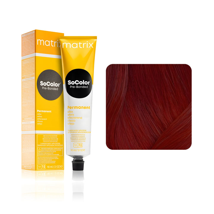 Matrix SoColor Pre-Bonded Reflect 6RR+ (Light Brown Red Red) permanent hair color tube, box and hair swatch