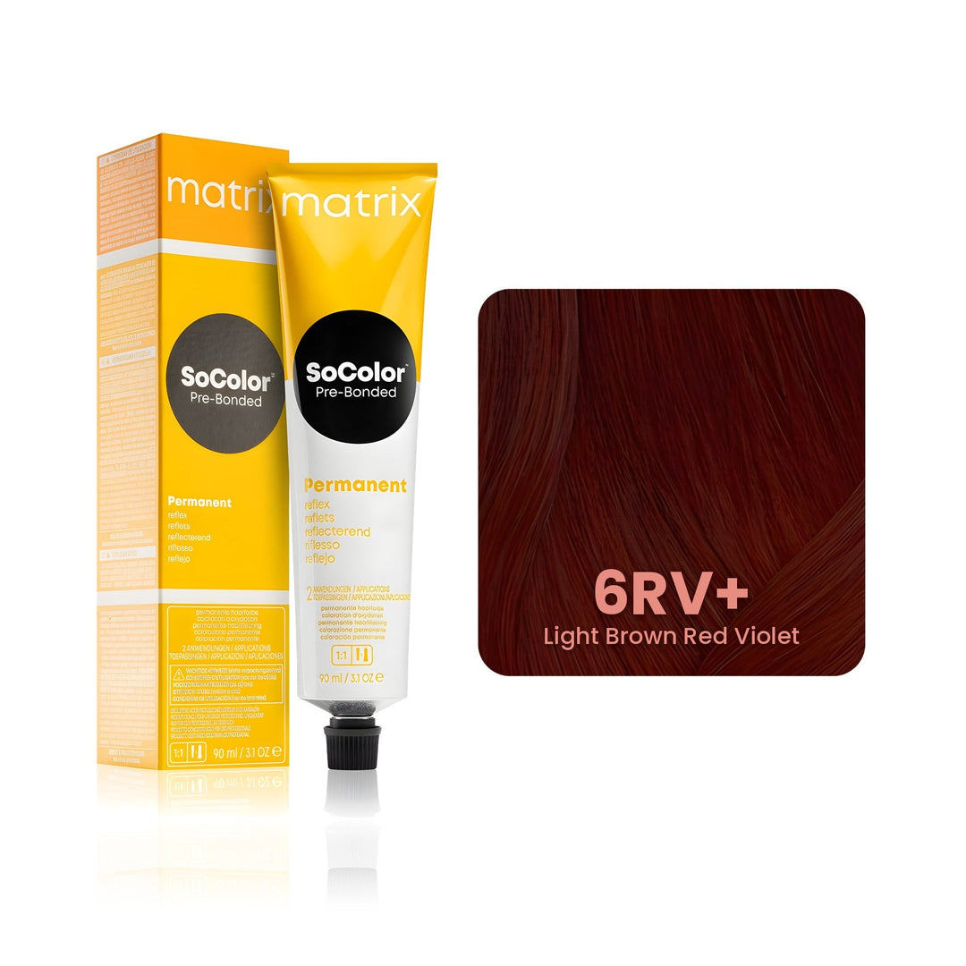 Matrix SoColor Pre-Bonded 6RV+ (Light Brown Red Violet) permanent hair color tube, box and hair swatch