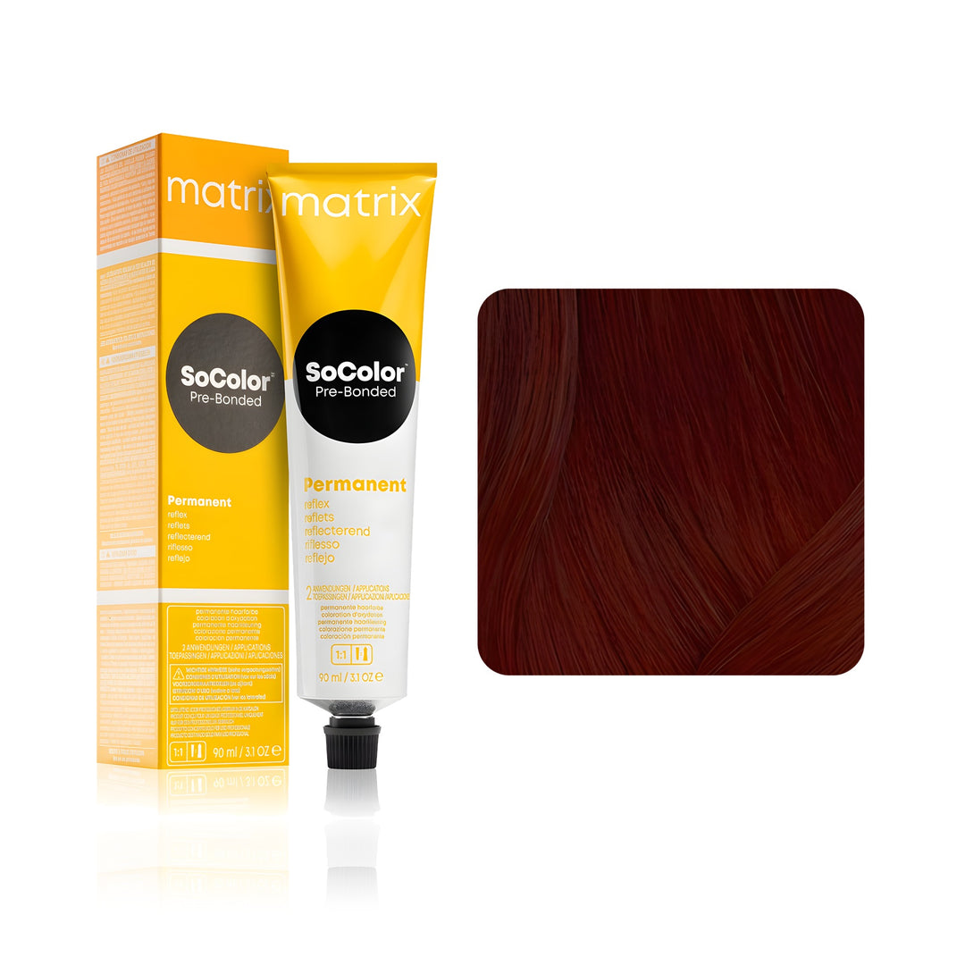 Matrix SoColor Pre-Bonded Reflect 6RV+ (Light Brown Red Violet) permanent hair color tube, box and hair swatch
