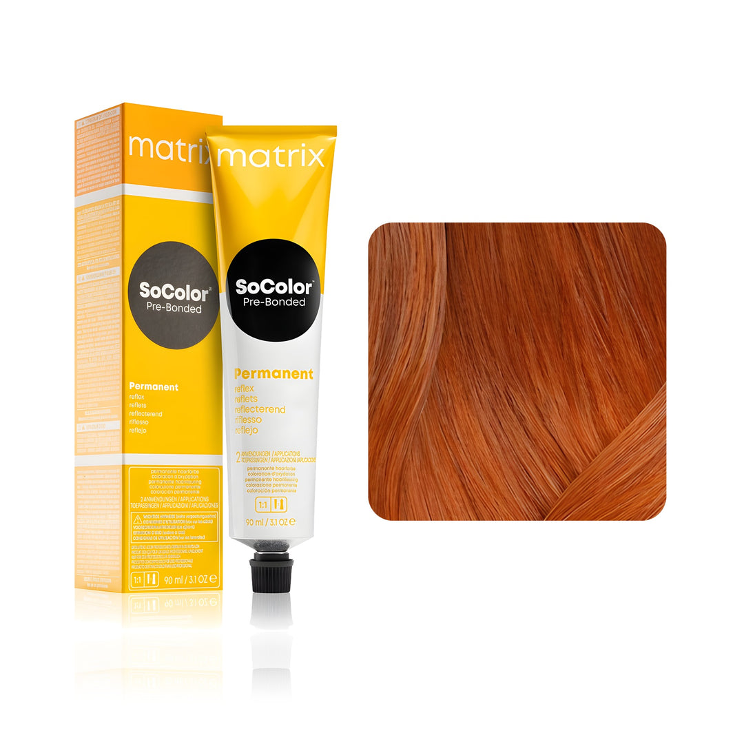 Matrix SoColor Pre-Bonded Reflect 7CC (Dark Blonde Copper Copper) permanent hair color tube, box and hair swatch