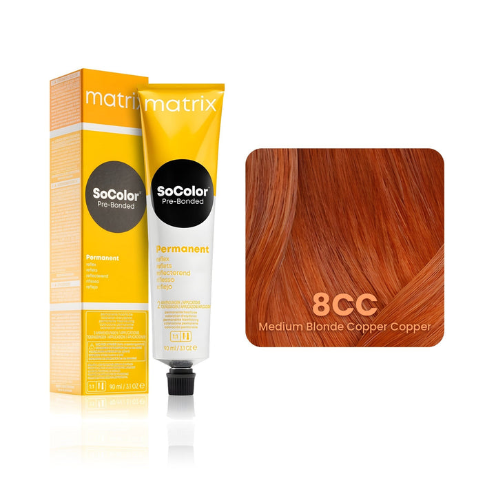Matrix SoColor Pre-Bonded 8CC (Medium Blonde Copper Copper) permanent hair color tube, box and hair swatch