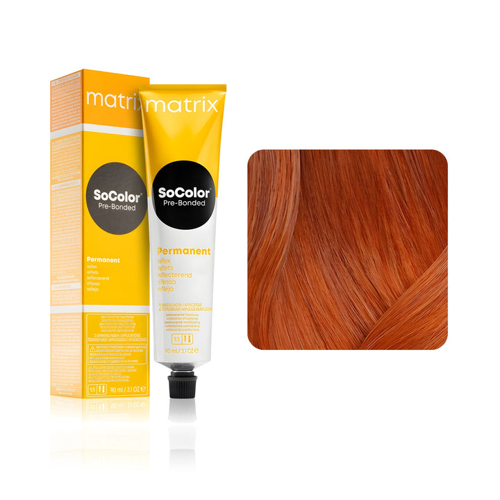 Matrix SoColor Pre-Bonded Reflect 8CC (Medium Blonde Copper Copper) permanent hair color tube, box and hair swatch