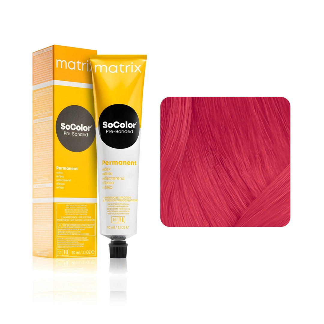 Matrix SoColor SoRed SR-RV (Red Violet) color booster tube, box and hair swatch