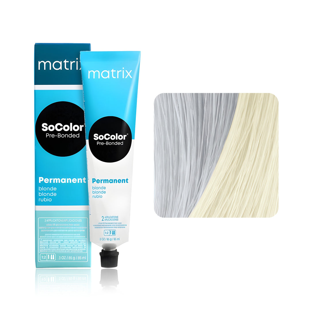 Matrix SoColor Pre-Bonded Ultra Blonde UL-A+ (Ultra Blonde Ash Plus) permanent hair color tube, box and hair swatch