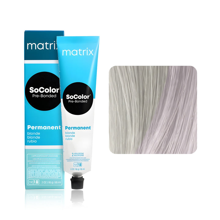 Matrix SoColor Pre-Bonded Ultra Blonde UL-AA (Ultra Blonde Ash Ash) permanent hair color tube, box and hair swatch