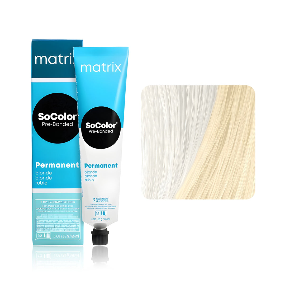 Matrix SoColor Pre-Bonded Ultra Blonde UL-N+ (Ultra Blonde Neutral Plus) permanent hair color tube, box and hair swatch