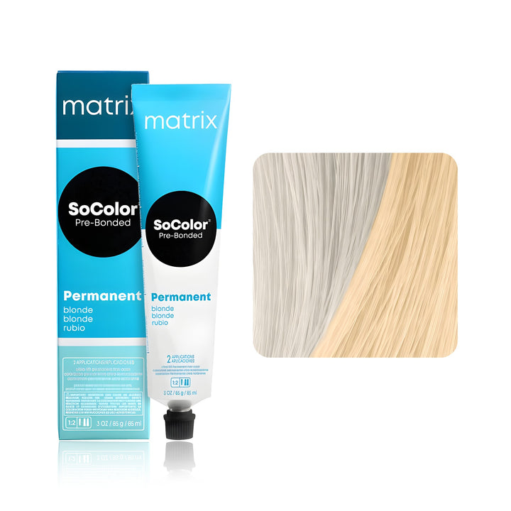 Matrix SoColor Pre-Bonded Ultra Blonde UL-N (Ultra Blonde Neutral) permanent hair color tube, box and hair swatch