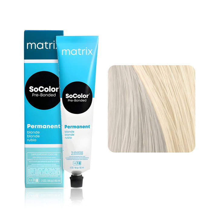 Matrix SoColor Pre-Bonded Ultra Blonde UL-P (Ultra Blonde Pearl) permanent hair color tube, box and hair swatch