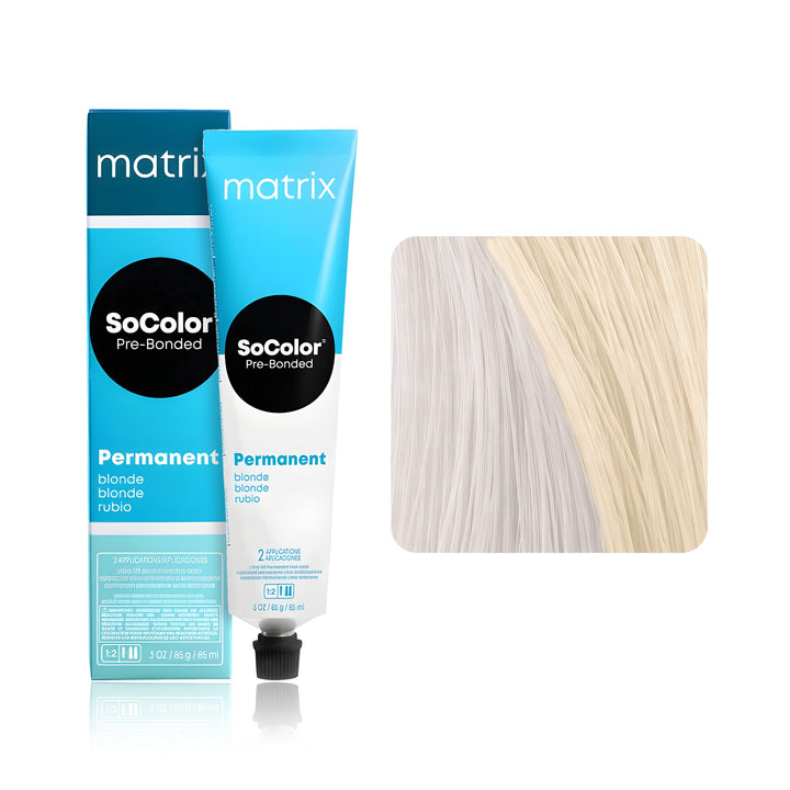Matrix SoColor Pre-Bonded Ultra Blonde UL-V+ (Ultra Blonde Violet Plus) permanent hair color tube, box and hair swatch