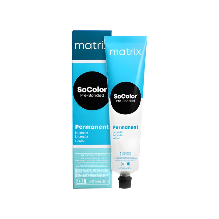 Matrix SoColor Pre-Bonded Ultra Blonde permanent hair color box and tube