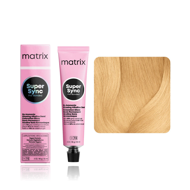 Matrix Super Sync Pre-Bonded 10G (Extra Light Blonde Gold) demi-permanent hair color tube, box and hair swatch
