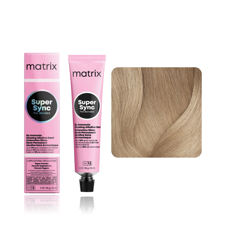Matrix Super Sync Pre-Bonded 10N (Extra Light Blonde Neutral) demi-permanent hair color tube, box and hair swatch