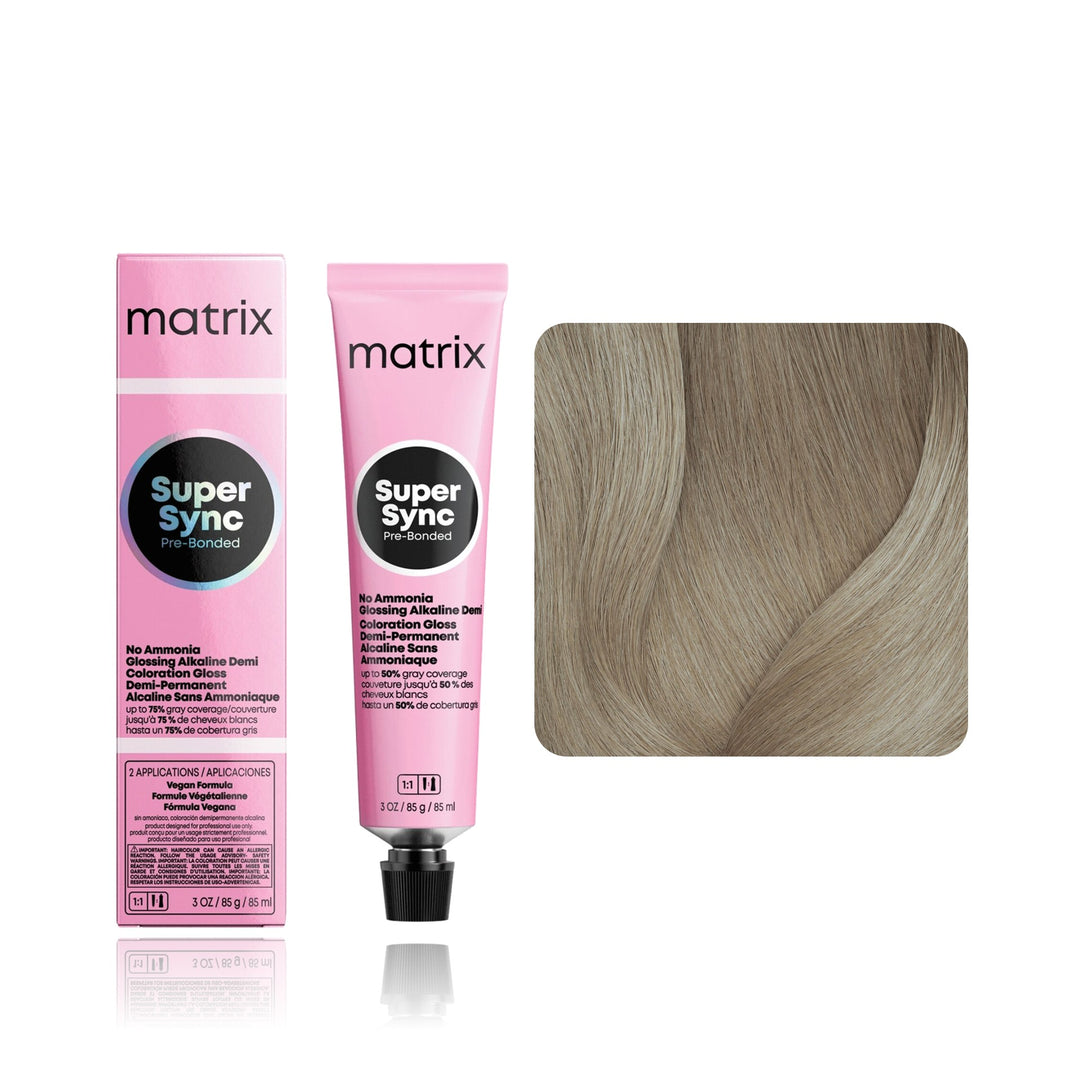 Matrix Super Sync Pre-Bonded 10NN (Extra Light Blonde Neutral Neutral) demi-permanent hair color tube, box and hair swatch