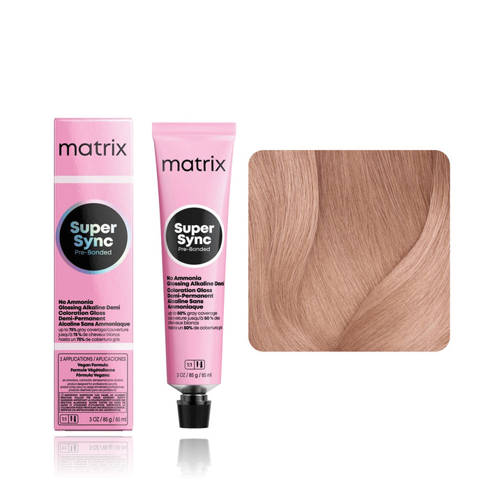 Matrix Super Sync Pre-Bonded 10NR (Extra Light Blonde Neutral Red) demi-permanent hair color tube, box and hair swatch