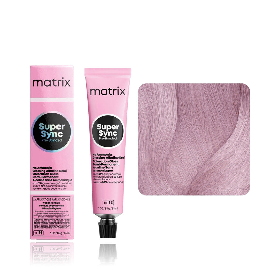 Matrix Super Sync Pre-Bonded 10V (Extra Light Blonde Violet) demi-permanent hair color tube, box and hair swatch