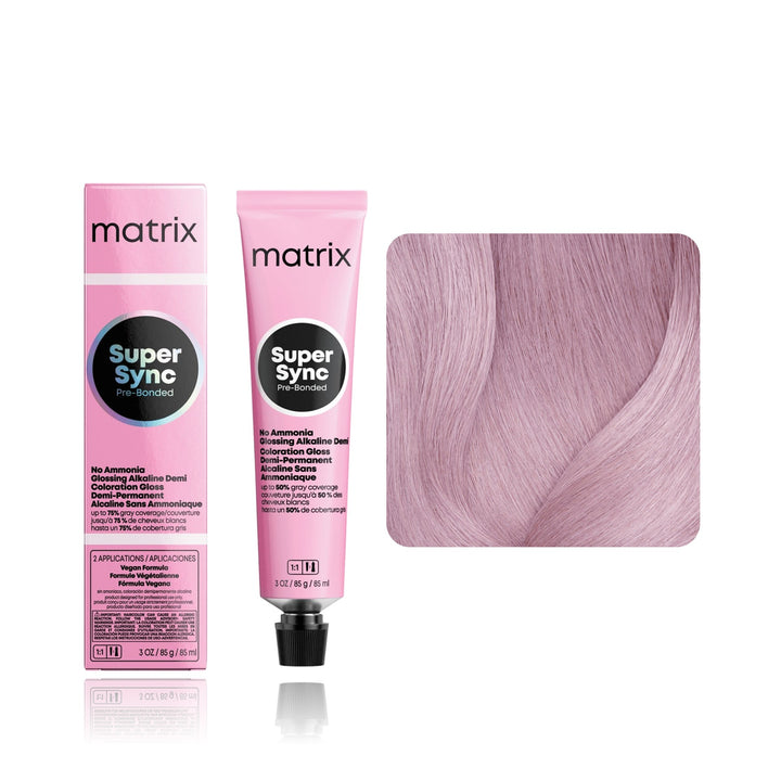 Matrix Super Sync Pre-Bonded 10V (Extra Light Blonde Violet) demi-permanent hair color tube, box and hair swatch