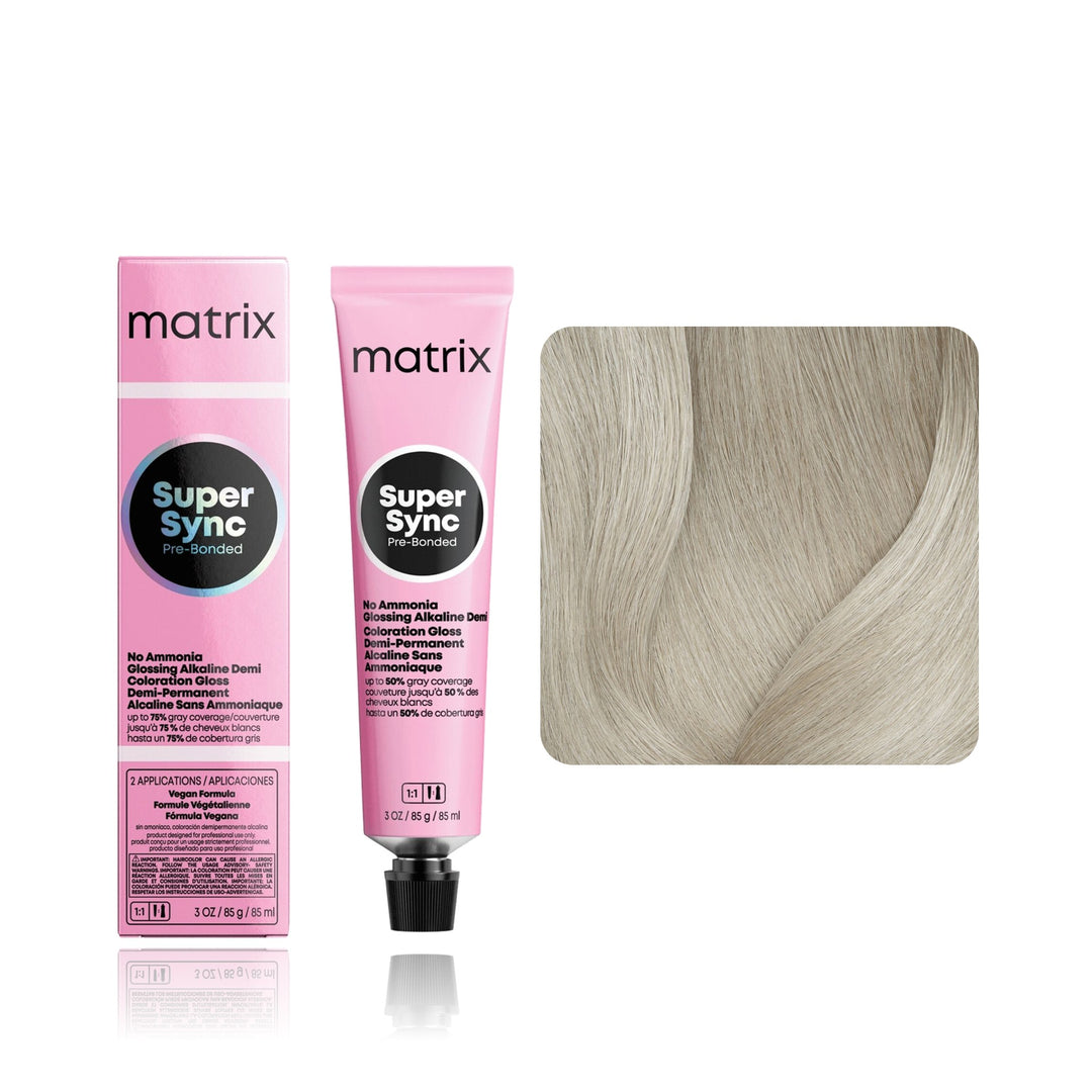 Matrix Super Sync Pre-Bonded 11A (Extra Light Blonde Plus Ash) demi-permanent hair color tube, box and hair swatch