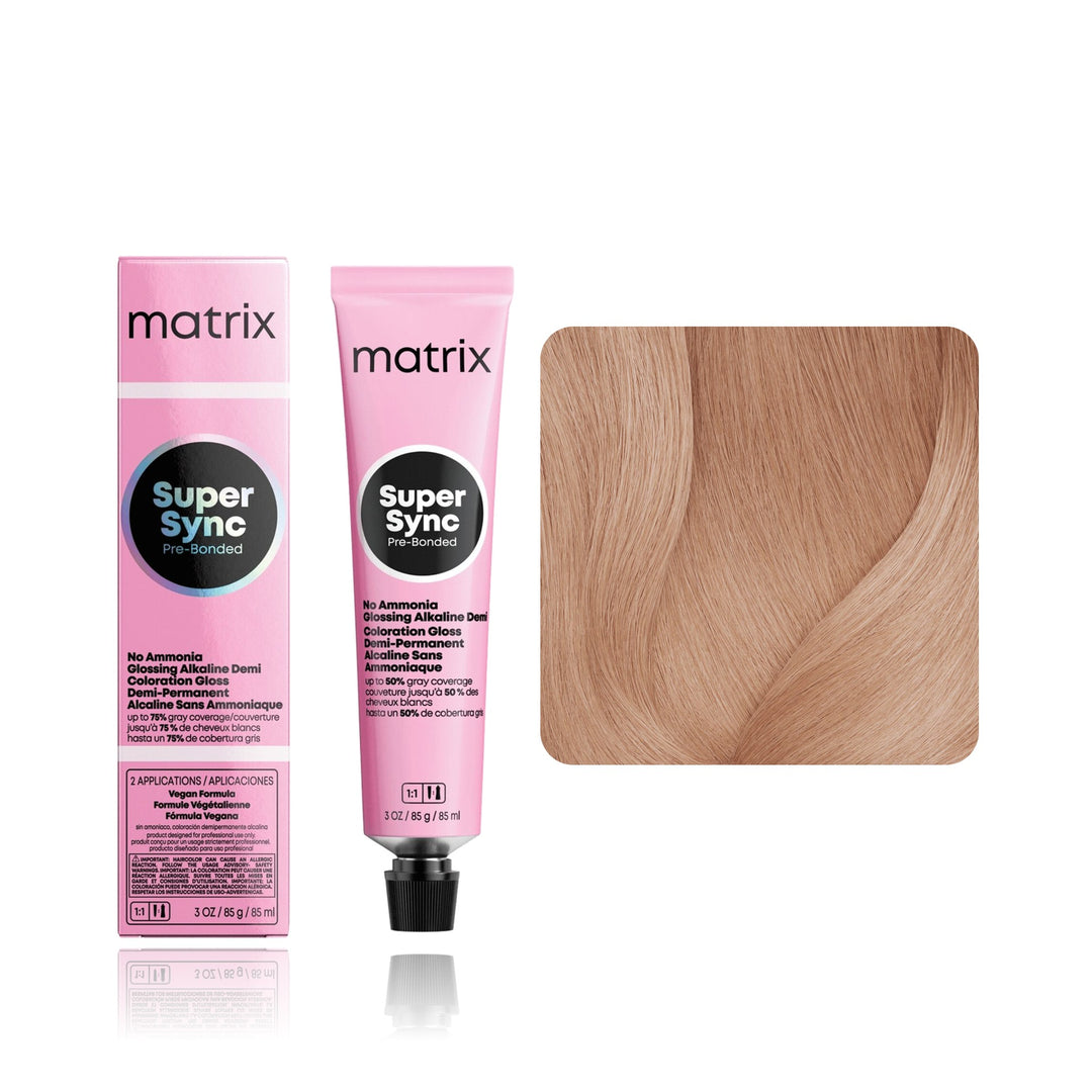 Matrix Super Sync Pre-Bonded 11GV (Extra Light Blonde Plus Gold Violet) demi-permanent hair color tube, box and hair swatch