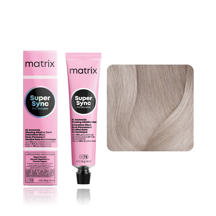 Matrix Super Sync Pre-Bonded 11P (Extra Light Blonde Plus Pearl) demi-permanent hair color tube, box and hair swatch