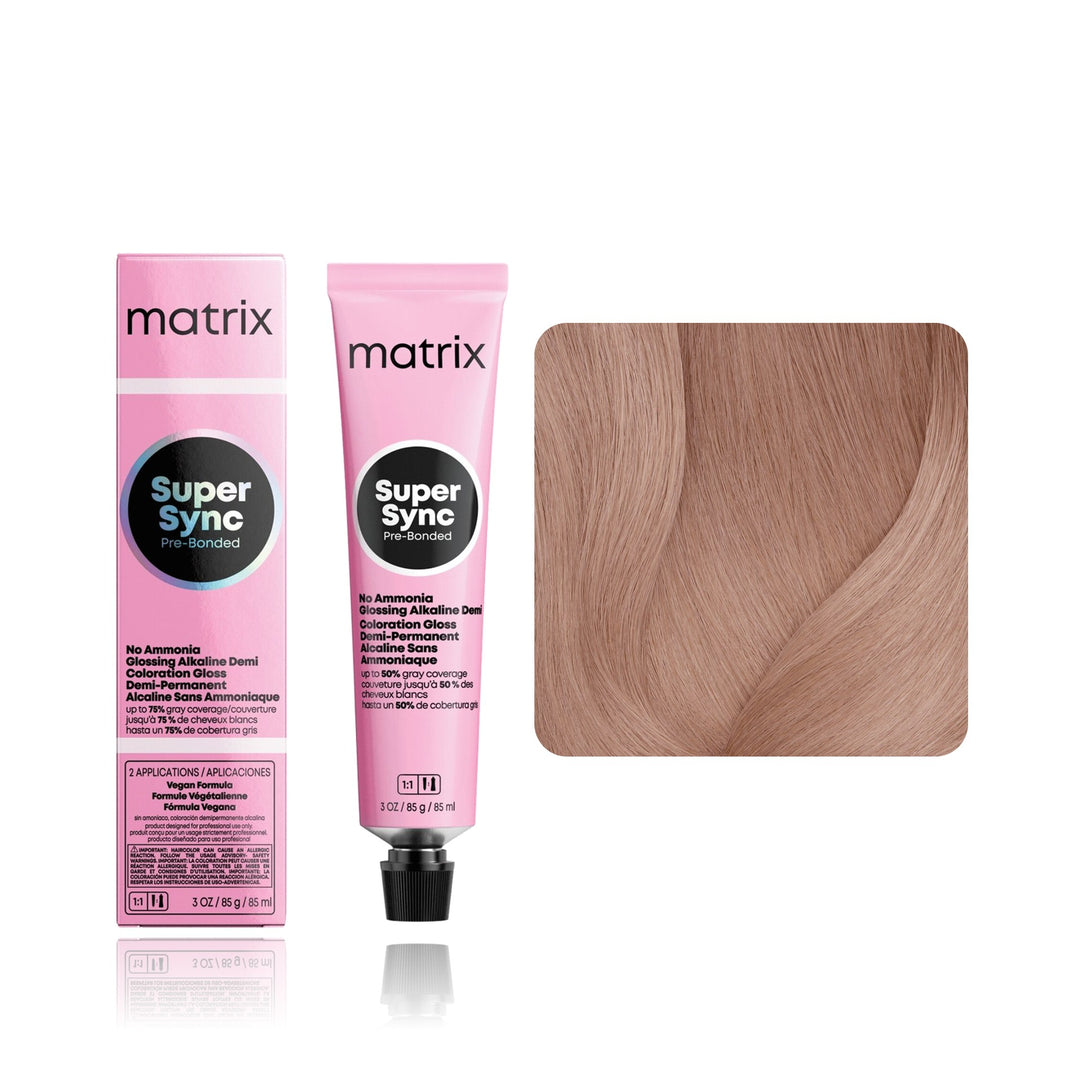 Matrix Super Sync Pre-Bonded 11VG (Extra Light Blonde Plus Violet Gold) demi-permanent hair color tube, box and hair swatch