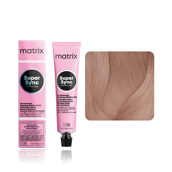 Matrix Super Sync Pre-Bonded 11VG (Extra Light Blonde Plus Violet Gold) demi-permanent hair color tube, box and hair swatch
