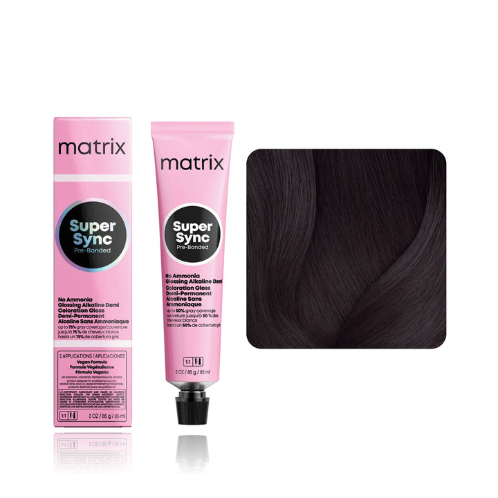 Matrix Super Sync Pre-Bonded 1A (Black Ash) demi-permanent hair color tube, box and hair swatch