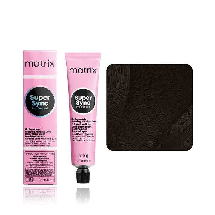 Matrix Super Sync Pre-Bonded 2N (Natural Black Neutral) demi-permanent hair color tube, box and hair swatch