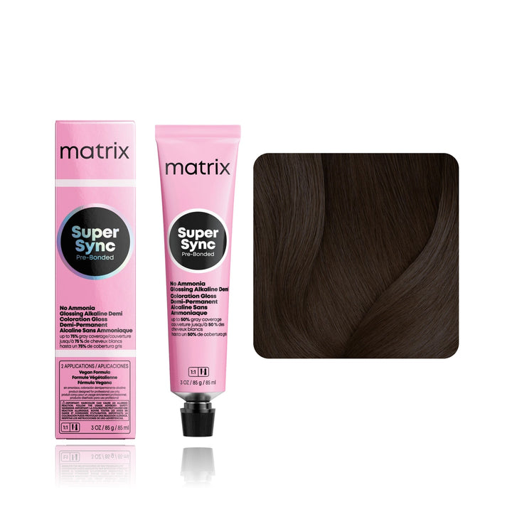 Matrix Super Sync Pre-Bonded 3N (Darkest Brown Neutral) demi-permanent hair color tube, box and hair swatch