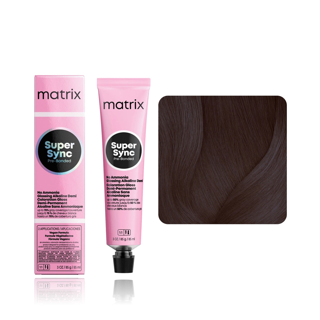 Matrix Super Sync Pre-Bonded 4BR (Dark Brown Brown Red) demi-permanent hair color tube, box and hair swatch