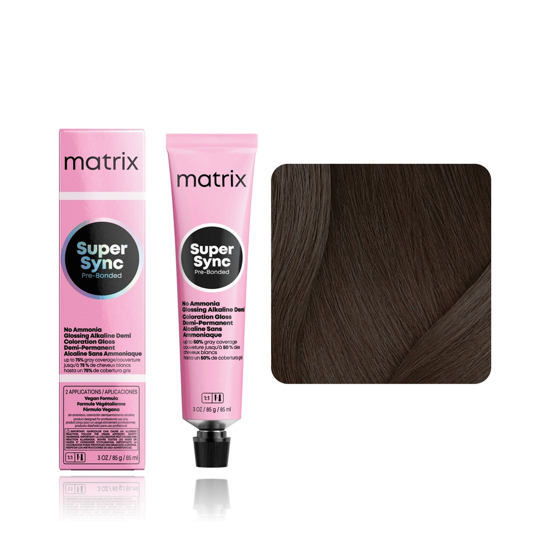 Matrix Super Sync Pre-Bonded 4N (Dark Brown Neutral) demi-permanent hair color tube, box and hair swatch