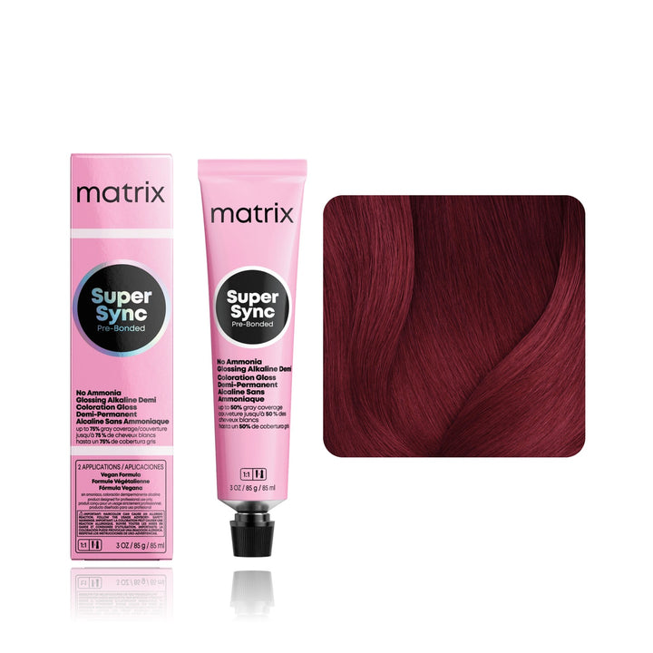 Matrix Super Sync Pre-Bonded 4RV+ (Dark Brown Red Violet+) demi-permanent hair color tube, box and hair swatch