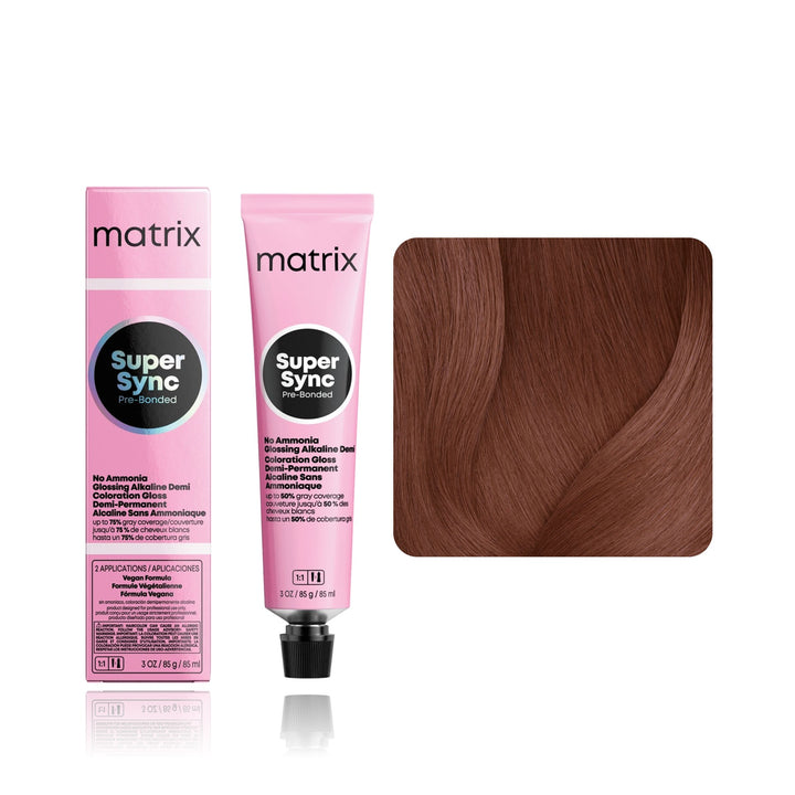 Matrix Super Sync Pre-Bonded 5M (Medium Brown Mocha) demi-permanent hair color tube, box and hair swatch