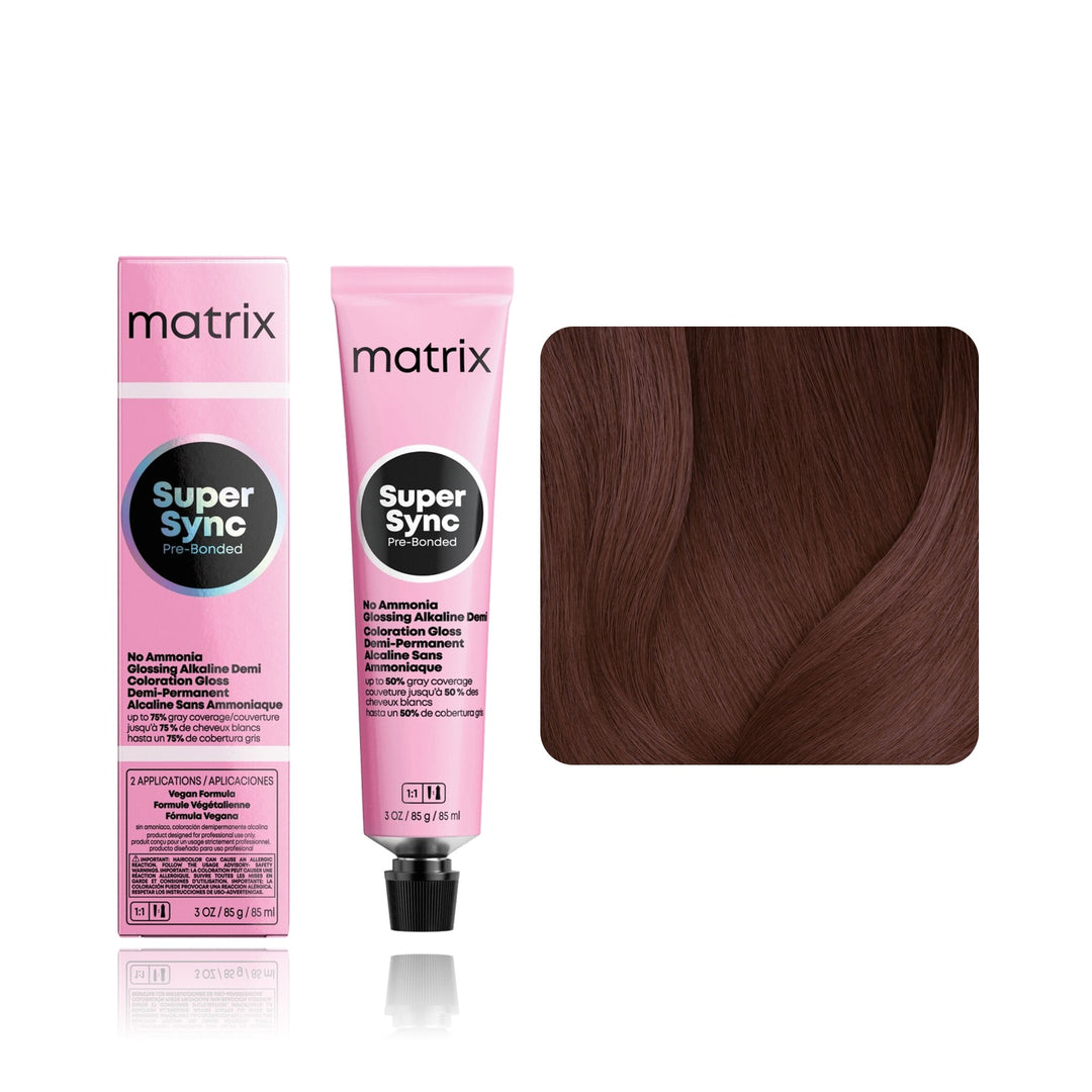 Matrix Super Sync Pre-Bonded 5N (Medium Brown Neutral) demi-permanent hair color tube, box and hair swatch