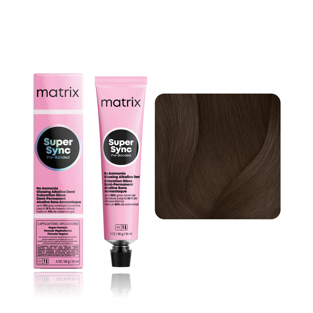 Matrix Super Sync Pre-Bonded 5NN (Medium Brown Neutral Neutral) demi-permanent hair color tube, box and hair swatch