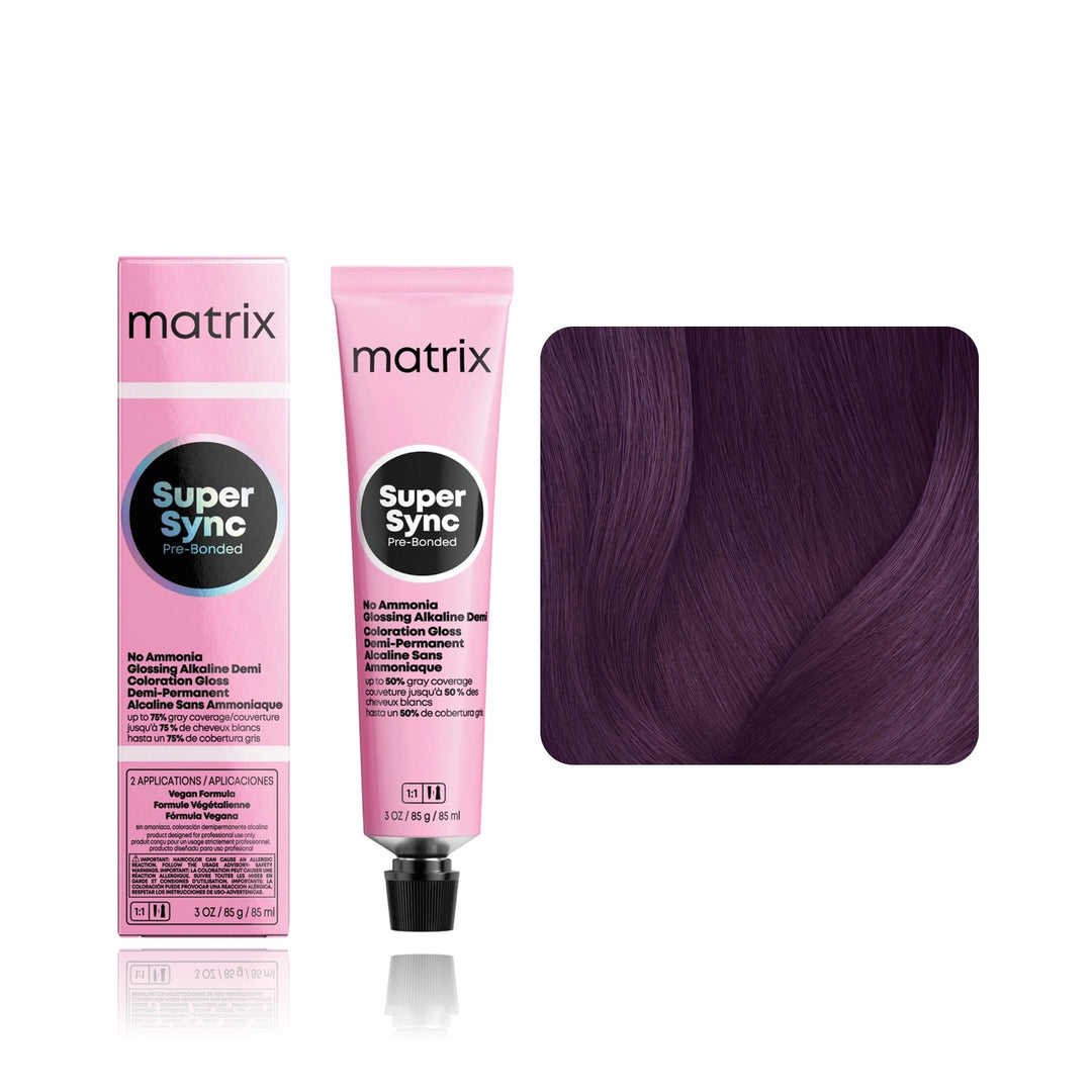 Matrix Super Sync Pre-Bonded 5VV (Medium Brown Violet Violet) demi-permanent hair color tube, box and hair swatch