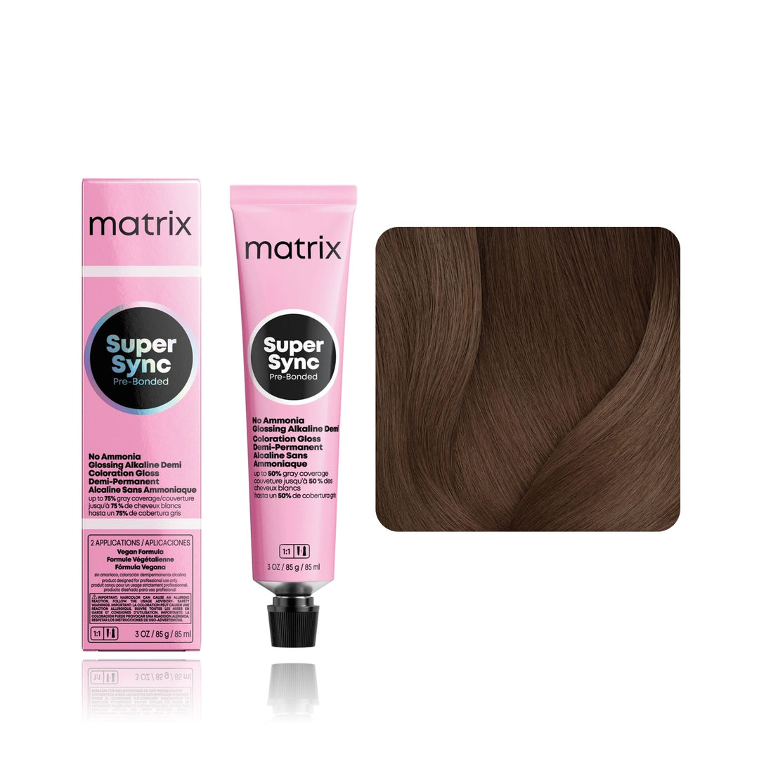 Matrix Super Sync Pre-Bonded 6A (Light Brown Ash) demi-permanent hair color tube, box and hair swatch