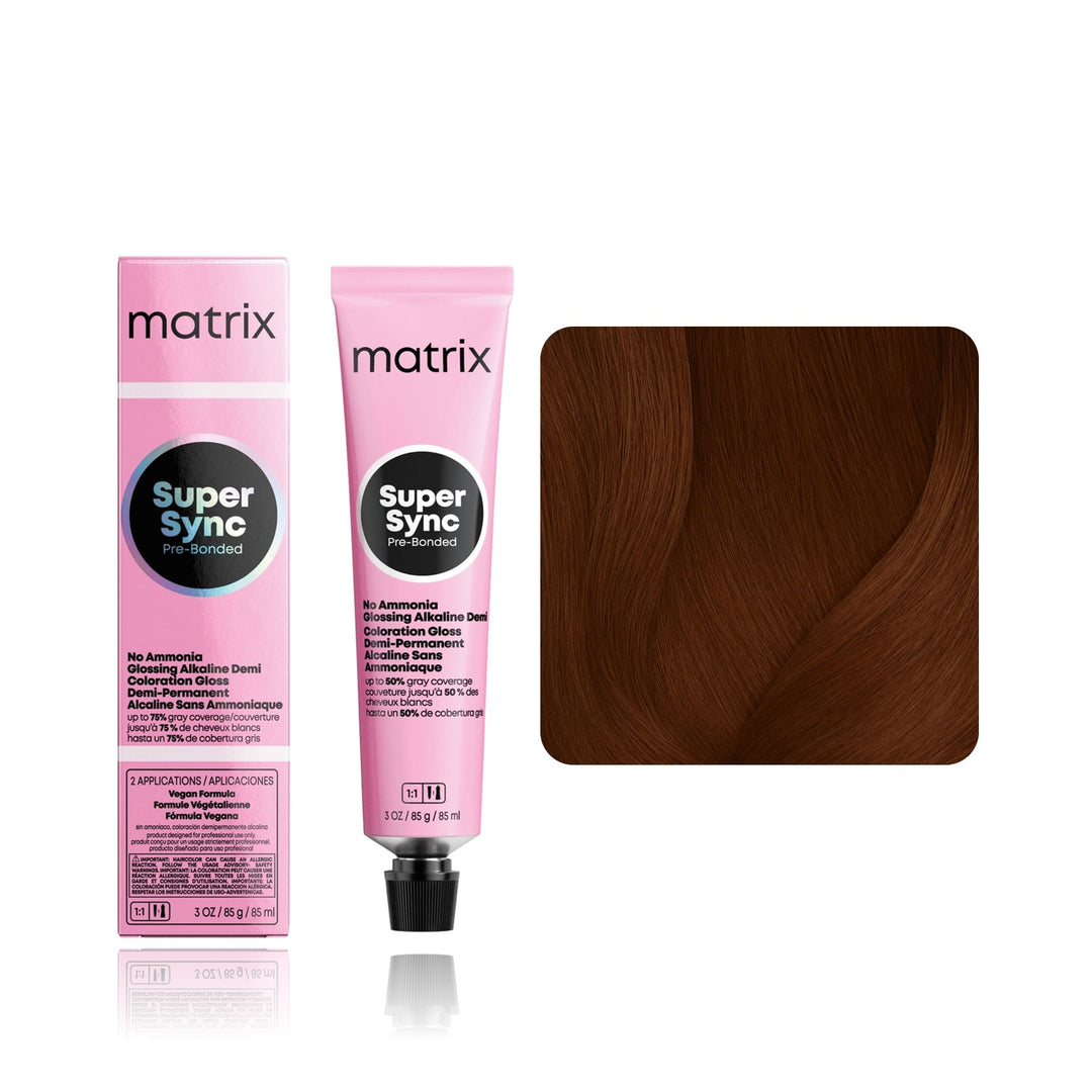 Matrix Super Sync Pre-Bonded 6BC (Light Brown Brown Copper) demi-permanent hair color tube, box and hair swatch