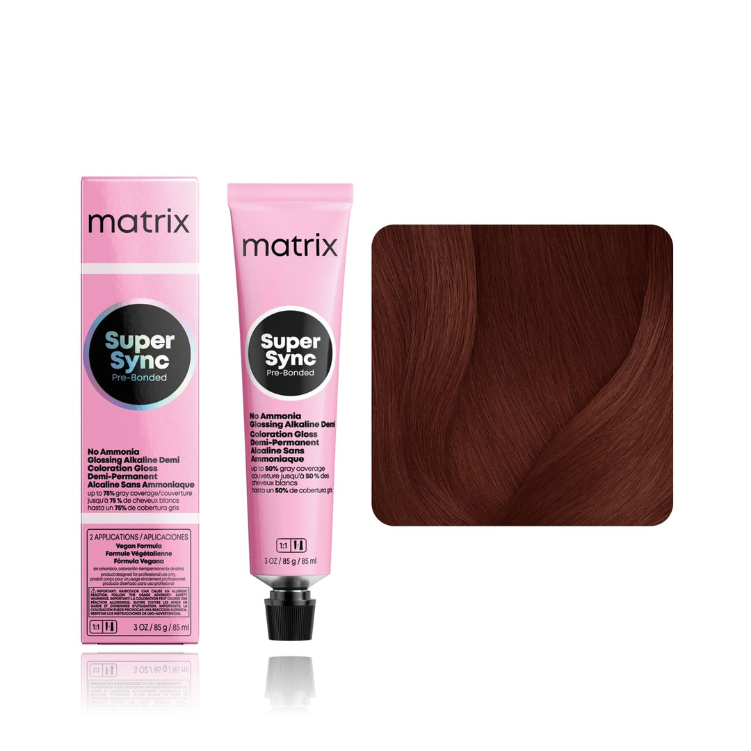 Matrix Super Sync Pre-Bonded 6BR (Light Brown Brown Red) demi-permanent hair color tube, box and hair swatch