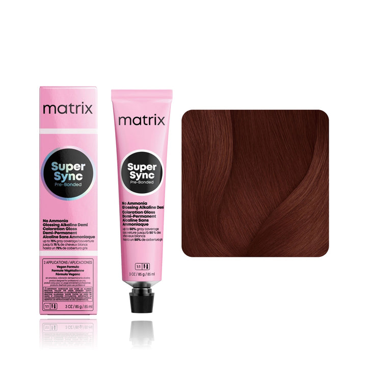 Matrix Super Sync Pre-Bonded 6BR (Light Brown Brown Red) demi-permanent hair color tube, box and hair swatch
