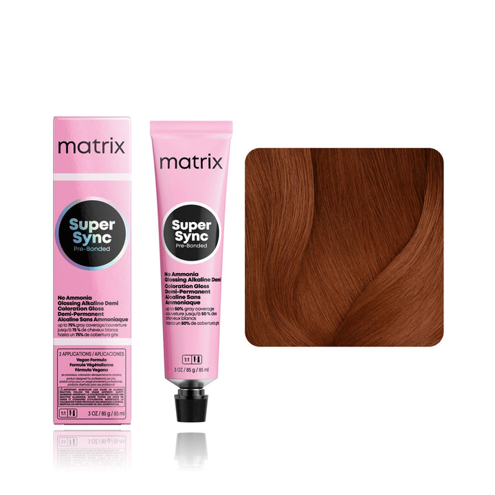 Matrix Super Sync Pre-Bonded 6CG (Light Brown Copper Gold) demi-permanent hair color tube, box and hair swatch