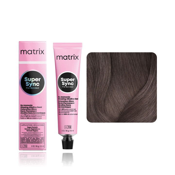 Matrix Super Sync Pre-Bonded 6P (Light Brown Pearl) demi-permanent hair color tube, box and hair swatch