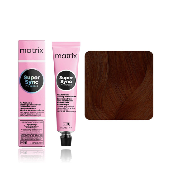 Matrix Super Sync Pre-Bonded 6RB (Light Brown Red Brown) demi-permanent hair color tube, box and hair swatch
